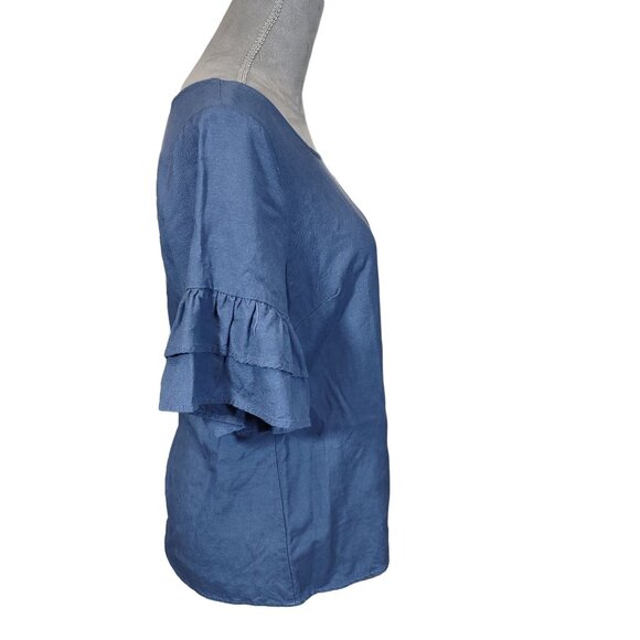 Appraisal Linen Blend Top Blue Bell Sleeve Exposed Zipper Peasant Womens Large - Picture 3 of 7